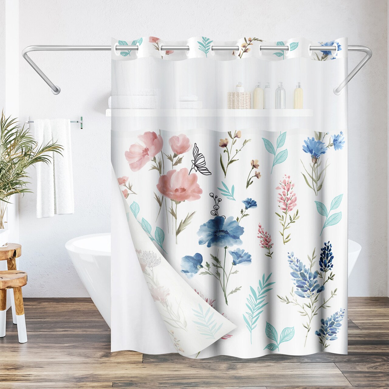 Americanflat 72x75 Hookless Shower Curtain - Floral Blue and Pink Shower Curtain with Sheer Panel, Snap-In Liner, and Grommets - 100% Polyester